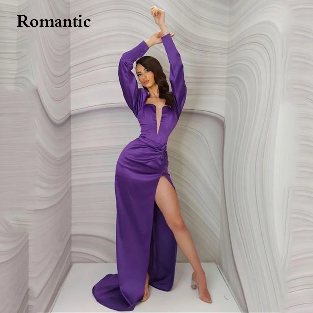 

Romantic Purple Satin Silk Prom Gowns 2022 Side High Slit Full Sleeves V Neck Long Evening Dress Saudi Arabia Vestido de festa