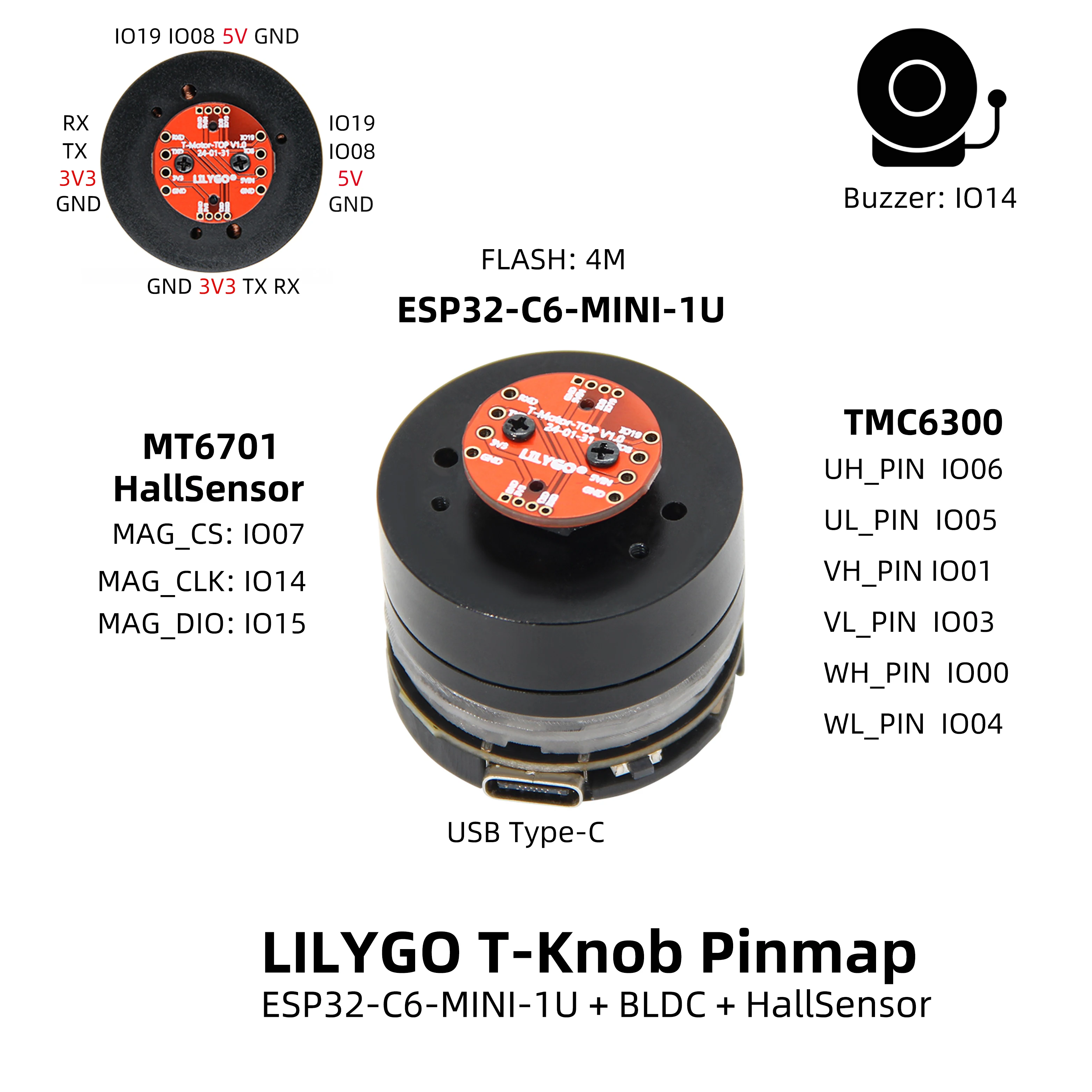 ® T-Knob ESP32-C6-MINI-1U Highly Efficient Zero Standby Current Driver Hall Base