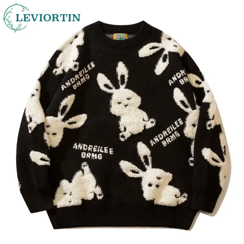 

Hip Hop Sweater Men Streetwear Knitted Rabbit Patchwork Jumper Sweater 2022 Y2K Autumn Harajuku Fashion Casual Pullover Sweaters