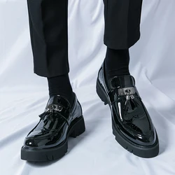 Black Loafers for Men Patent Leather Round Toe Slip-On Tassels Handmade Mens Shoes  Size 38-46