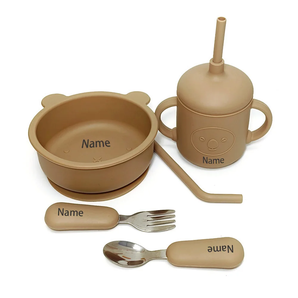 5-Piece Children's Tableware Set with Free Name Printing on Kids' Bowl. Personalized silicone tableware—a unique gift for babies