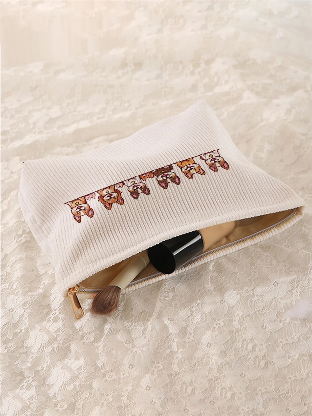 Cartoon dog pattern printed corduroy makeup bag, lightweight zipper makeup storage box, multifunctional bag with lining