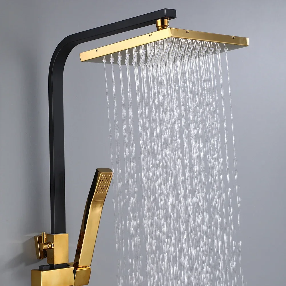 Bathroom Shower Faucet Set Black Gold Rainfall Metal 4-way with Bidet and Shelf