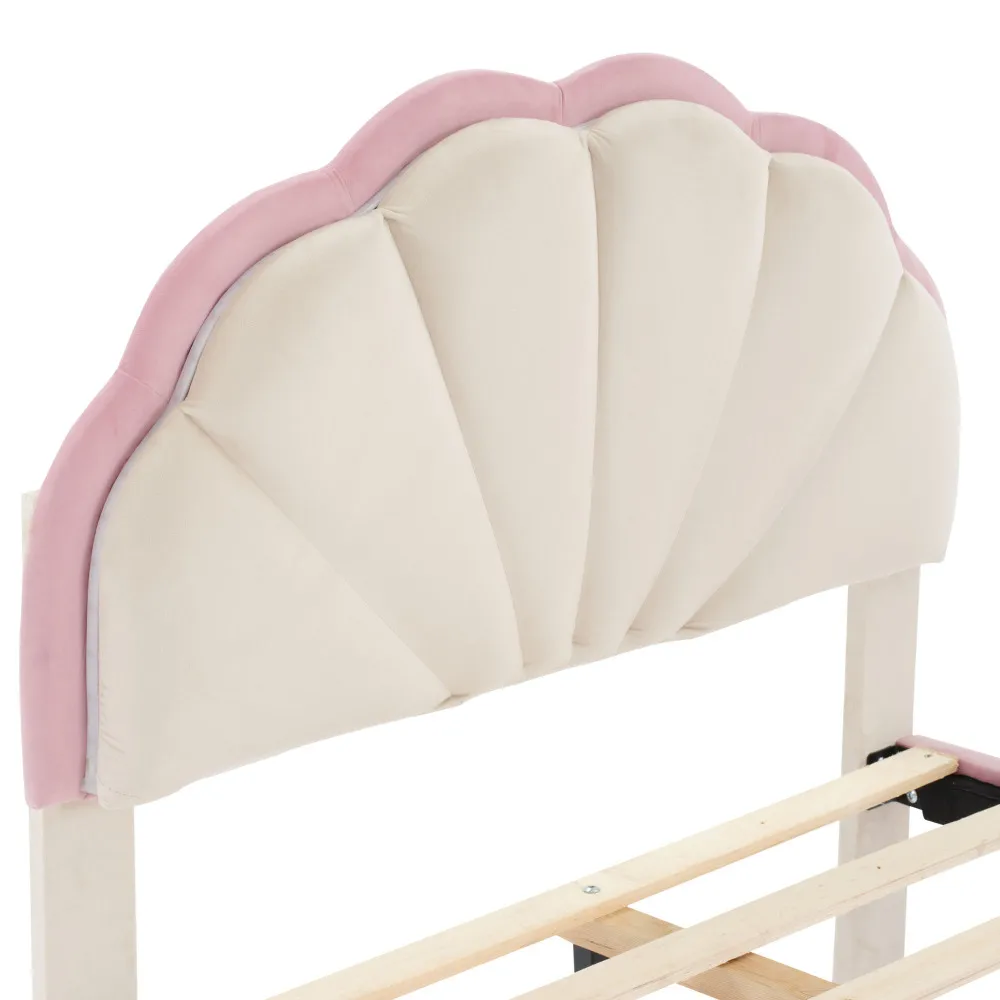 PINGGO Samt-Kinderbett Einzelbett Gepolstertes Bett mit LED-Beleuchtung Wellenförmiges Kopfteil Holzlatten Runde Beine 90x200cm Ohne Matratze – Detail 21
