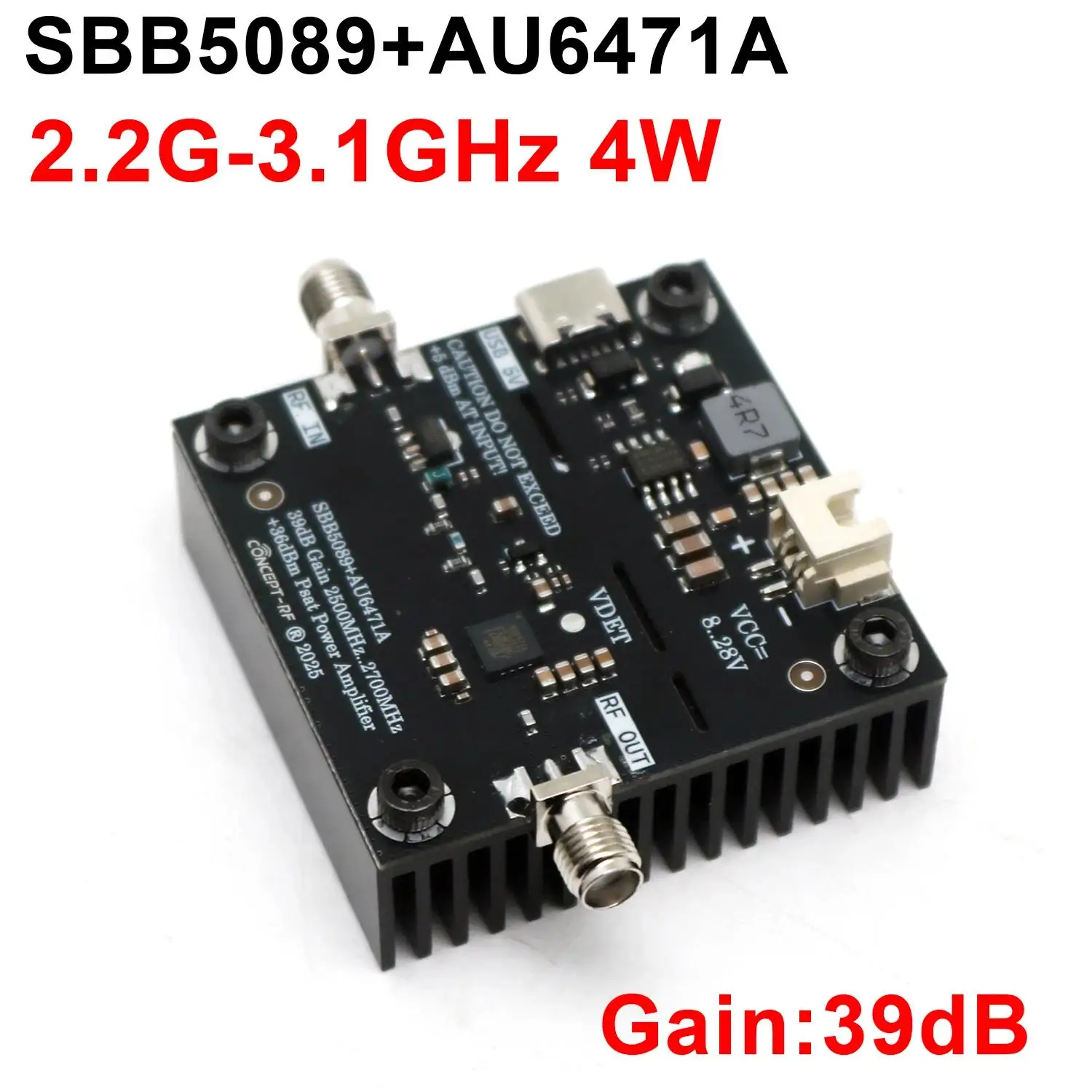 Amplificateur de puissance RF 4W SBB5089+AU6471A 2.5-2.7GHz pour GPS WiFi Zigbee Lora, montrant le circuit imprimé et les pistes.