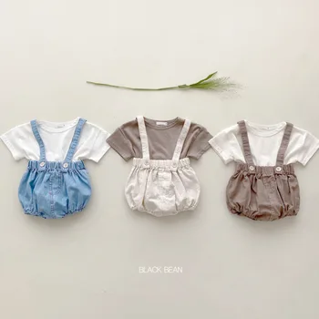 Korean Version Cute Baby Set Summer Pure Cotton Bag Fart Shoulder Strap Shorts Short Sleeved T-shirt Two-piece Set Trendy