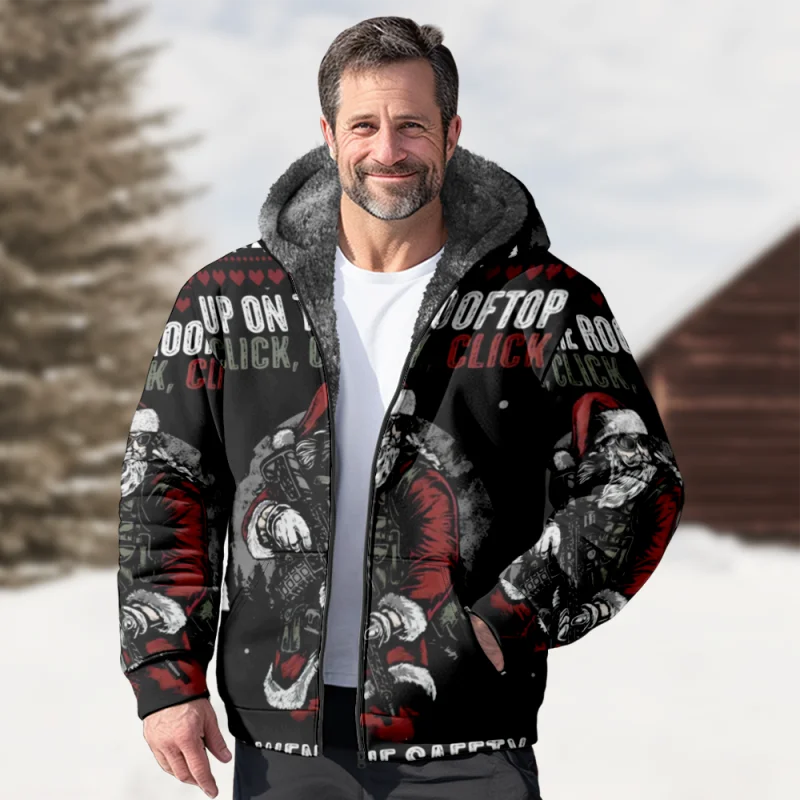 Christmas Cotton Coat Hooded Sweater Casual Print Men's Fur Loop Arctic Velvet Zipper Patch Pocket Hooded Sweater a06