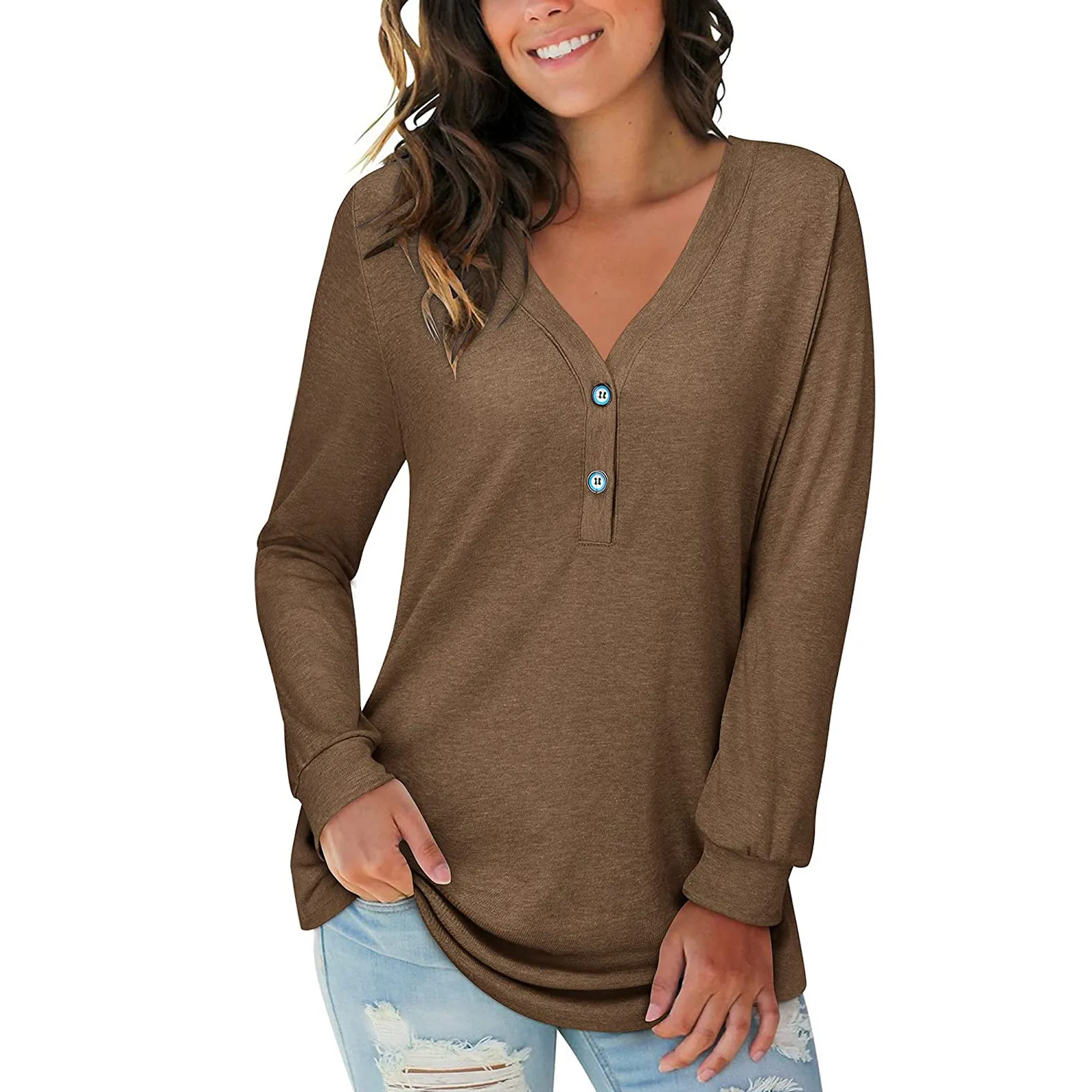 

Women's Solid Color V-Neck Button Causal Long Sleeves T Shirt Tops Simplicity Loose Pullover Blouses Ladies Tee Shirt