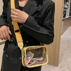 Women Shoulder Bag Sweet Ribbon Bowknot Decor Wide Strap Transparent PVC Adjustable Rectangle Ladies Crossbody Mobile Phone Bag