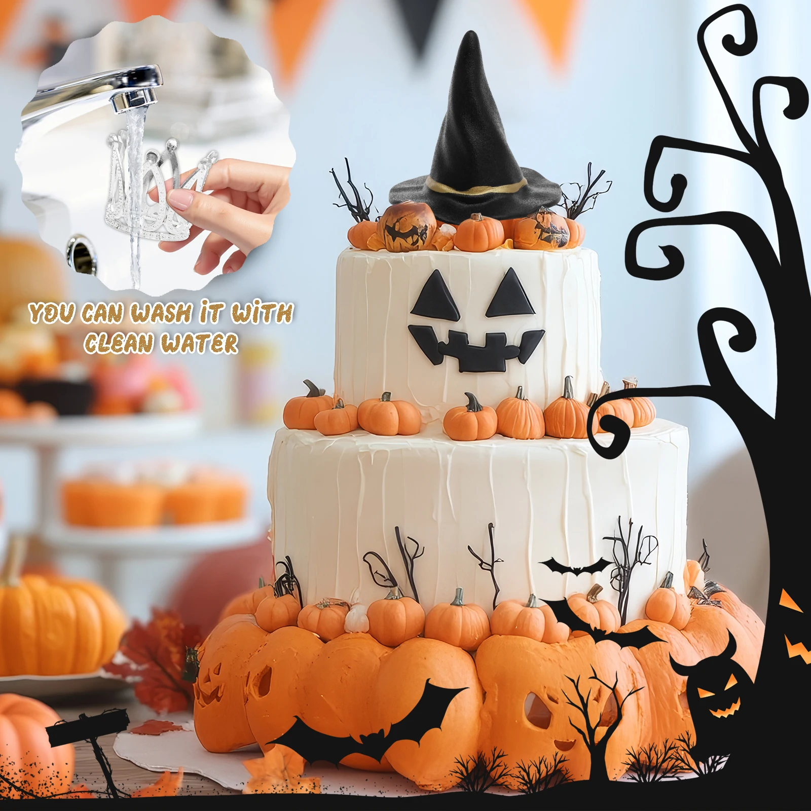 24Pcs Witch Hat and Crown Cake Topper Decor Birthday Cupcake Favors Silver Crown Decor Princess Cake Halloween Party Accessory