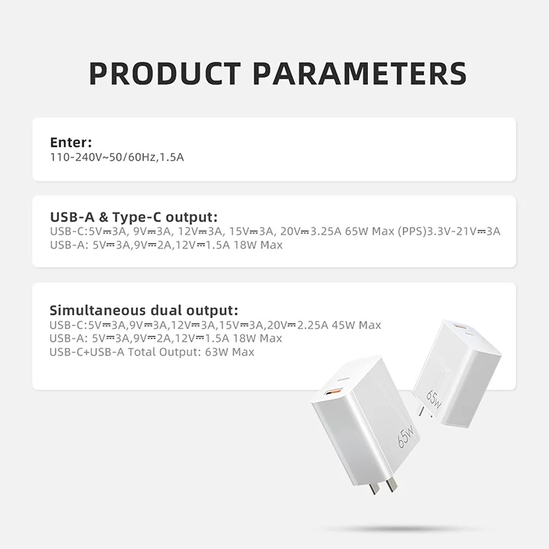 Chargeur 65W GaN USB-C blanc avec câble, compatible DJI Mini 3 et Mavic 3