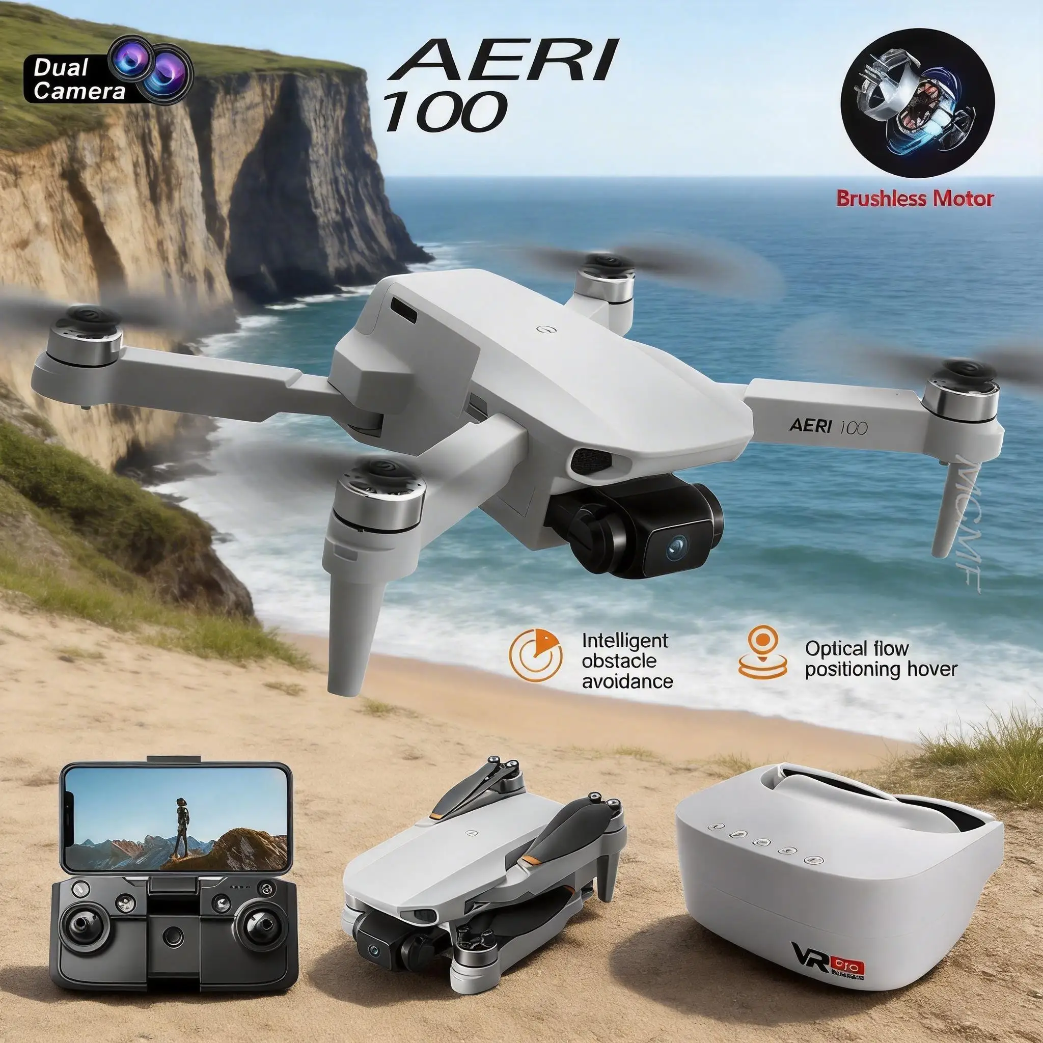 Drone Aeri100 Professionnel Double Caméra HD WIFI FPV pliable en vol, capturant une vue aérienne avec flux optique.