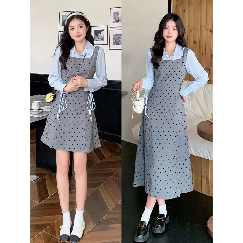 Femme Spring Summer Fashion Trend Polka Dot Solid Color Dresses Women Clothes All-match Fake Two Pieces Appear Thin Casual Dress 6