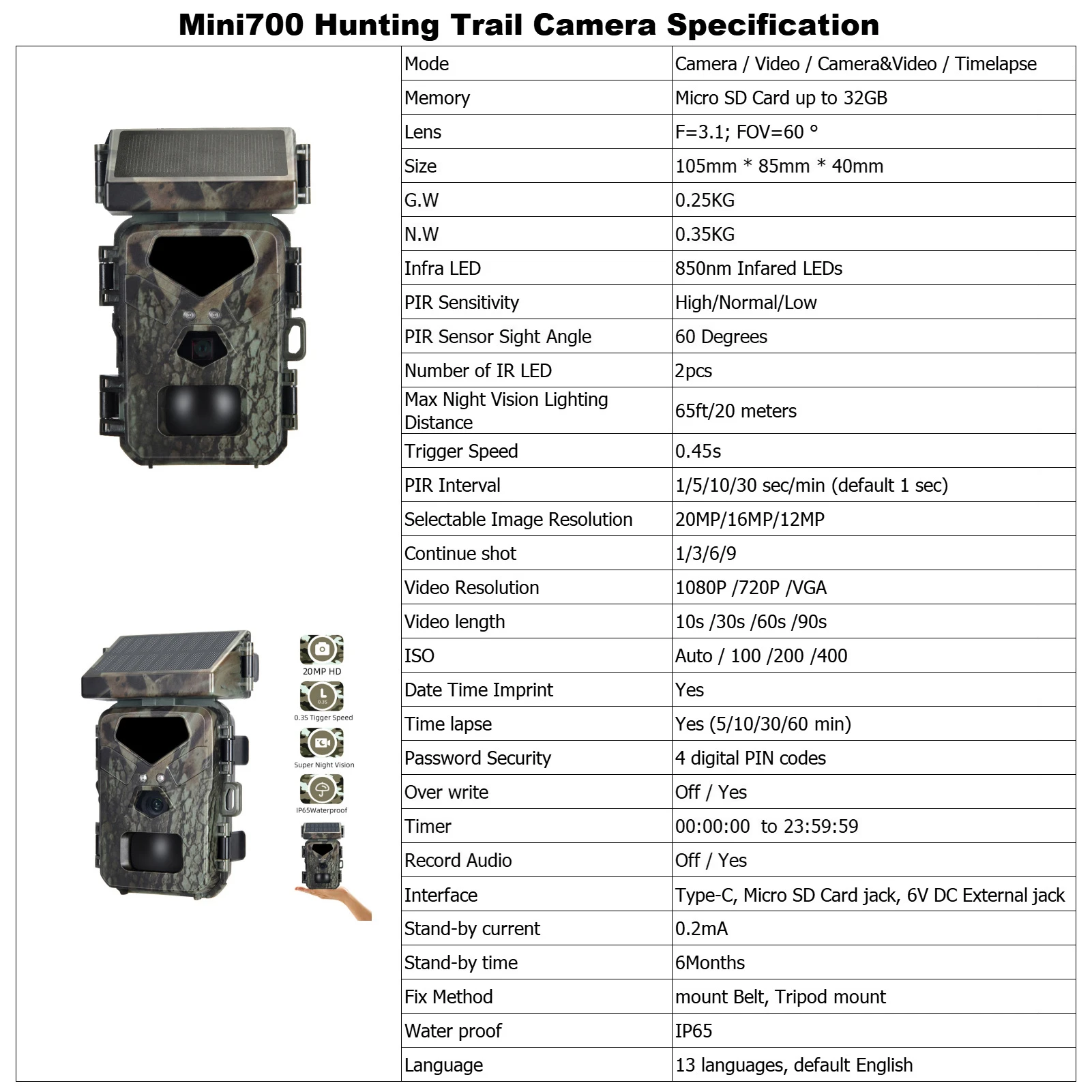 Hunting Trail Camera Solar 20MP/1080P 0.3s Trigger