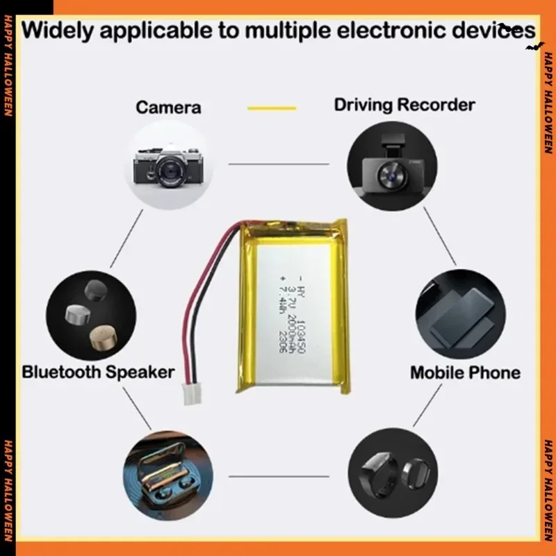 103450 3.7V 2000mAh Polymer Lithium Rechargeable Battery Jst PH 2.0mm 2pin Plug for Camera GPS Navigator MP5 Bluetooth Headset 6