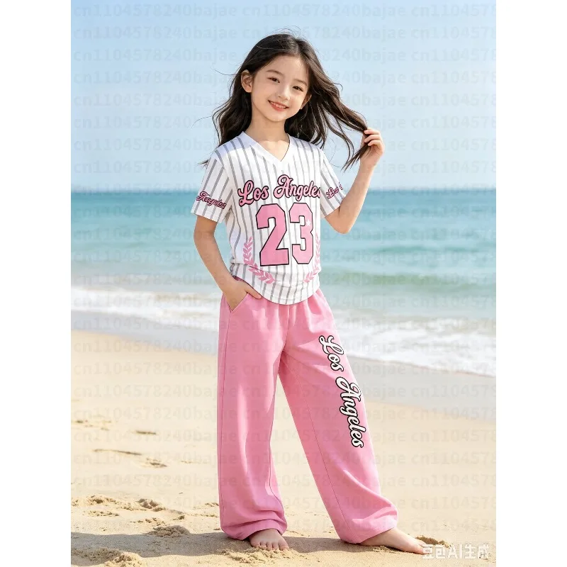 Girls' Kid Wide-Leg Pants Fashion Suit Girls' Fashion Trousers Cute Print T-Shirt Pants Two-Piece Suit, for Outdoor