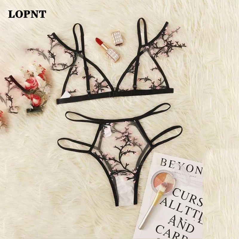 sexy underwear sets LOPNT Sexy underwear women set Floral Embroidery Sheer Mesh Lingerie Set no bra Backless Bralette sexi Intimates lace bra set sexy bra set