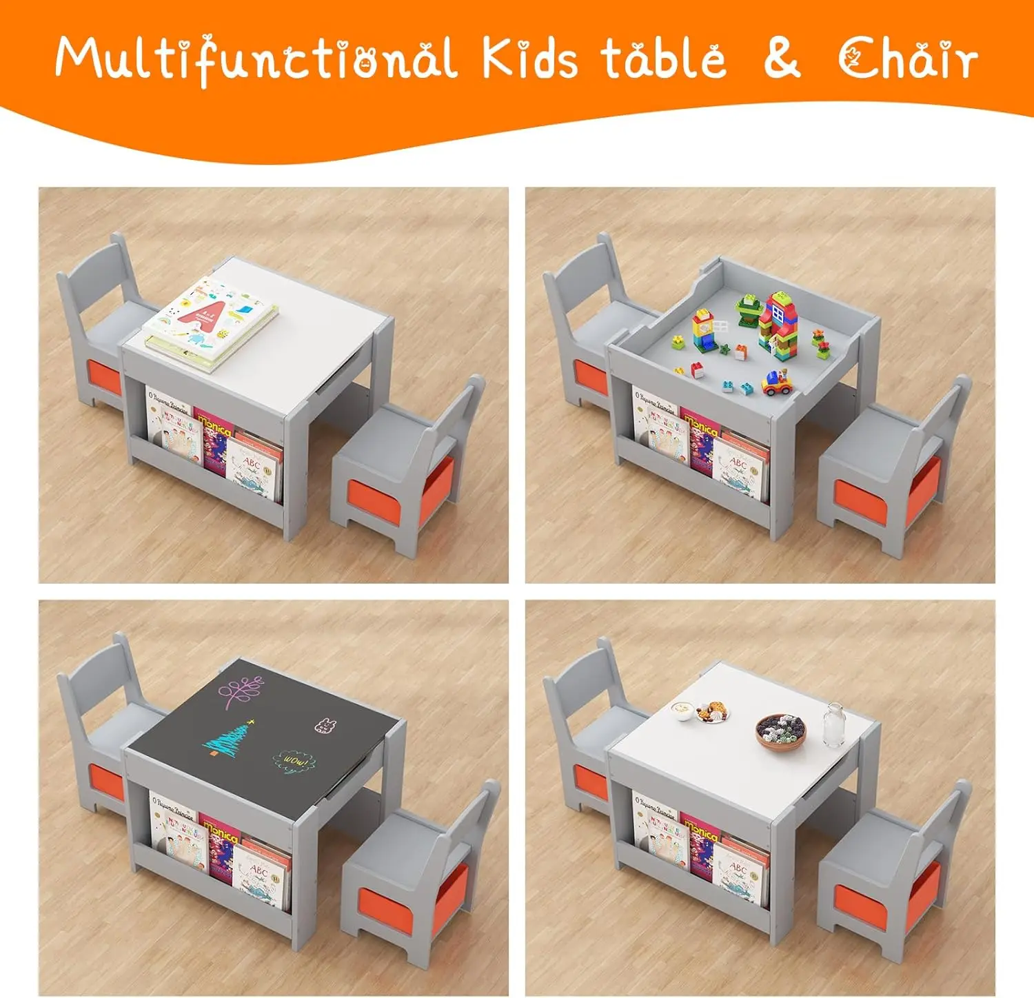 Kids Table and Chair Set,4-in-1 Wooden Activity Table with Blackboard, Whiteboard, Storage Drawer, Sturdy Safe Material, for Dra 4