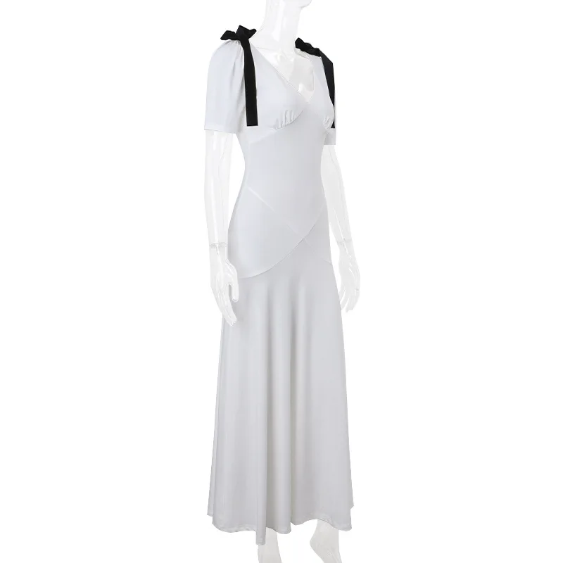 TRAUXY Elegante Vestido Largo con Lazo y Cordones para Mujer, Sin Mangas, Abullonado, Escote en V, Vestido de Playa de Moda para Vacaciones, Conjuntos de Verano