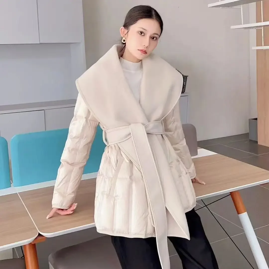 

Women's 90% White Duck Down Jacket 2024 Winter Korean Fashion Turn Down Collar Belt Short Wool Splicing Coat Autumn Warm Outwear