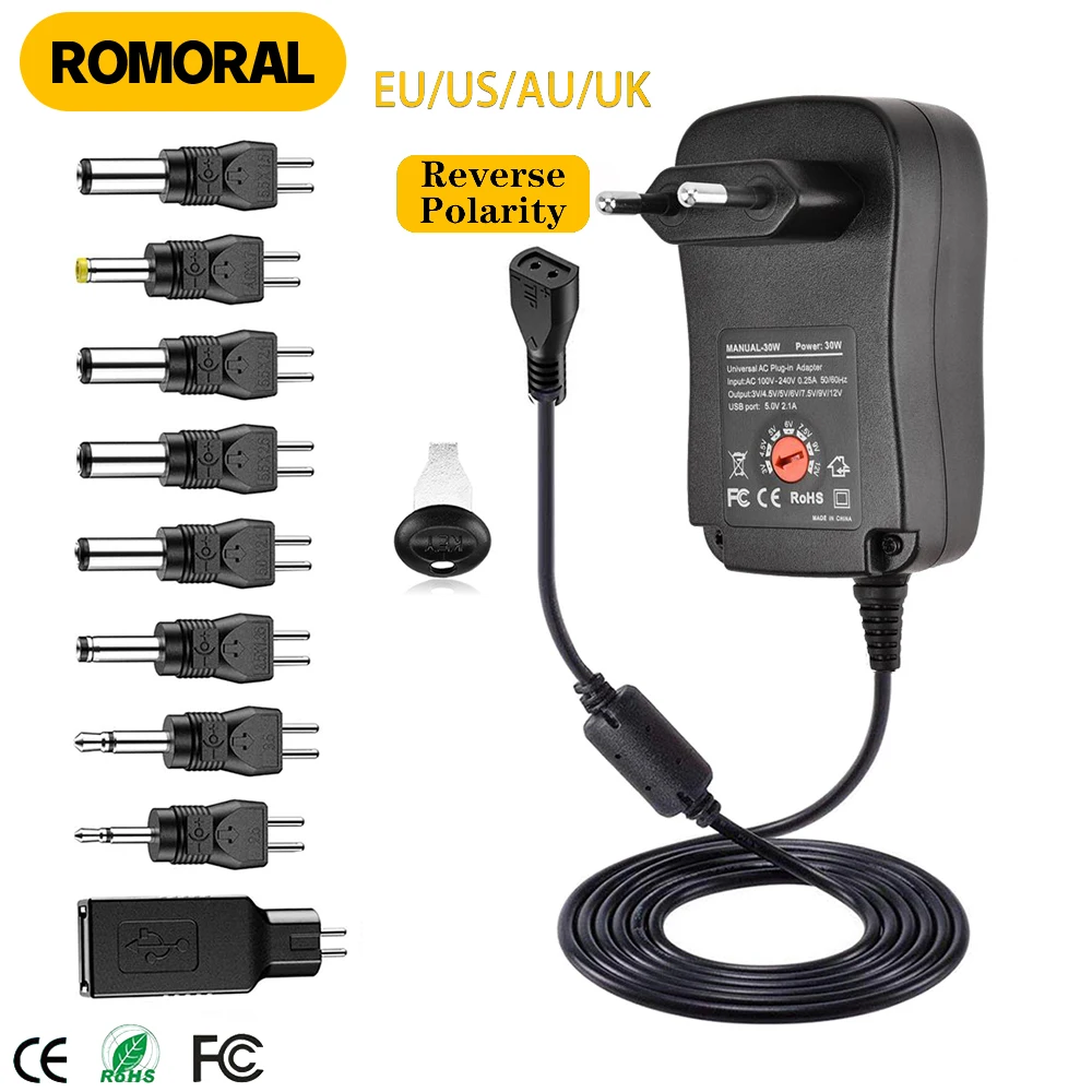 

30W 3V To 12V 2A/2.5A AC/DC Adapter US/EU/UK/AU Adjustable Power Adapters USB Universal Charger Power Supply Reversible Polarity