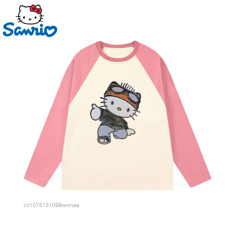 

Sanrio Hello Kitty Camo Long Sleeve Cotton T-shirts Hip Hop Splicing Oversize Fashion Tees Women Street Top Clothes