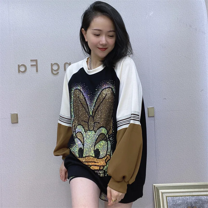 

Autumn Winter Heavy Industry Rhinestone Cartoon Hoodie Women's Fashion Space Cotton Long Sleeve Loose Pullover Sweatershirt