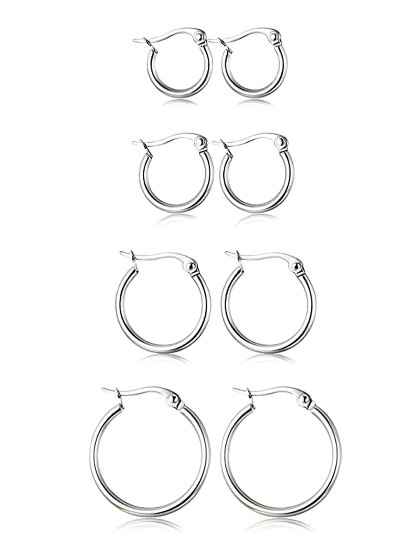 4 Pairs Silver Hoop Earrings Set Stainless Steel Cute Huggie Earrings for Women Rounded Small Hoop 10/12/15/20MM