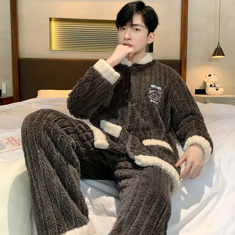 Flannel Housewear Men's Pajamas Winter Coral Velvet Thickened Warm Sleepwear Male Loose Pijamas Pants 2 Piece Set Sleep Clothes