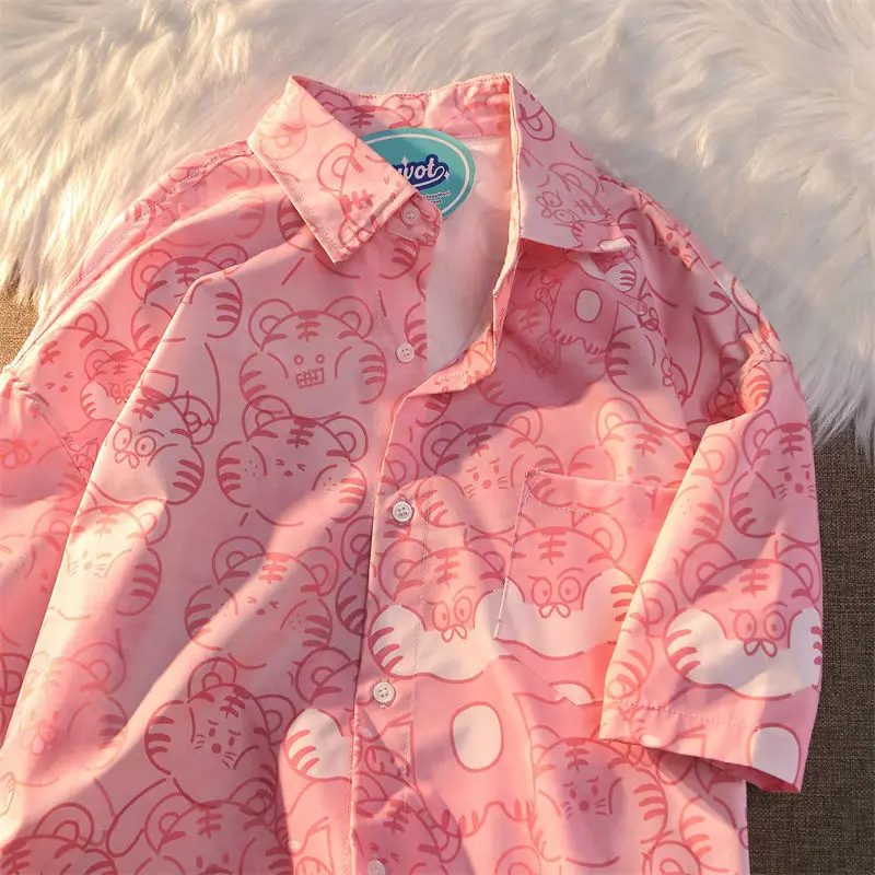 

2022 Summer New Tiger Head Full Print Design Shirt Women Button Up Shirt Men Teenager Japanese College Style Oversize Blouse Top
