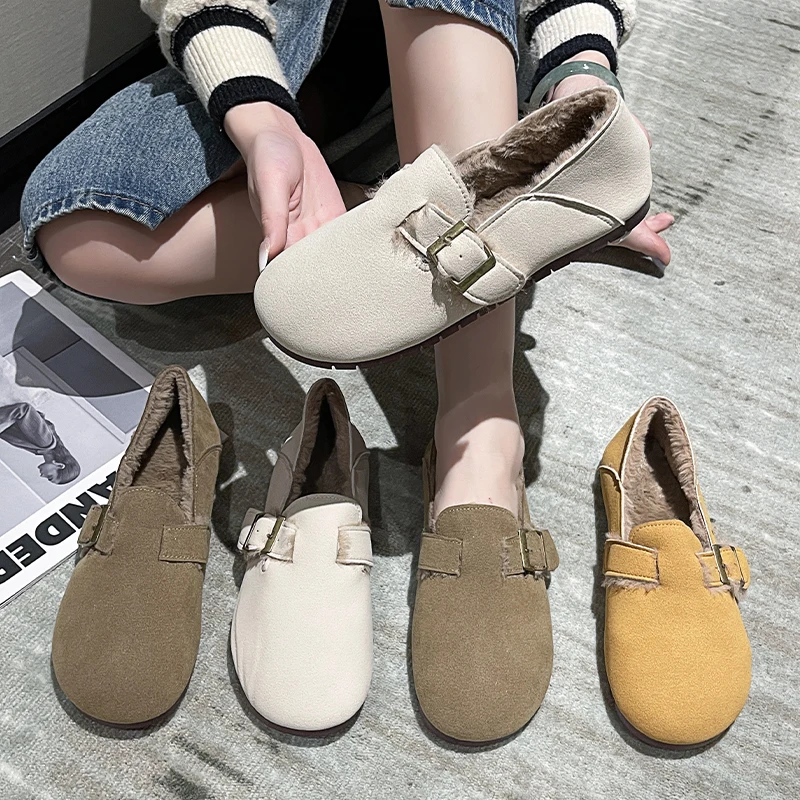 

Мокасины женские с закрытым носком, меховые повседневные кроссовки, без застежки, на шнуровке, лоферы, новая зимняя обувь