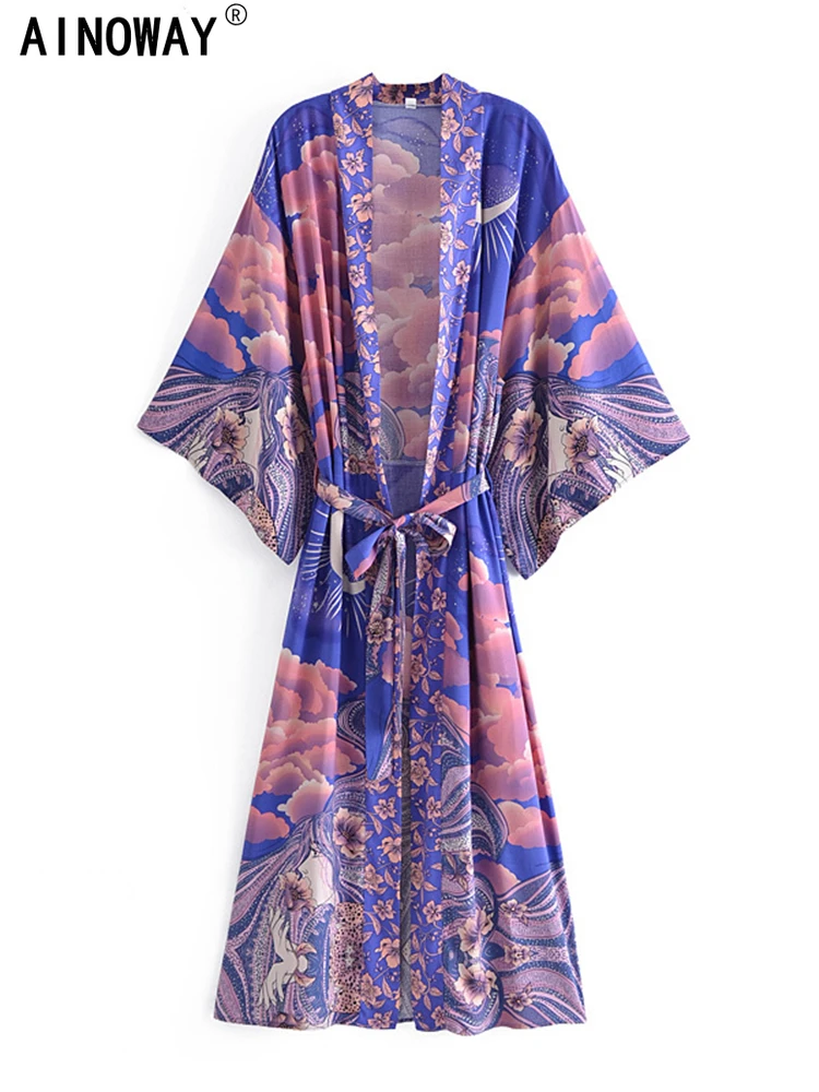 Women Star and Moon Floral Print Bat Sleeve Beach Bohemian Kimono Dress Robe Ladies Summer Boho Bikini Cover-ups