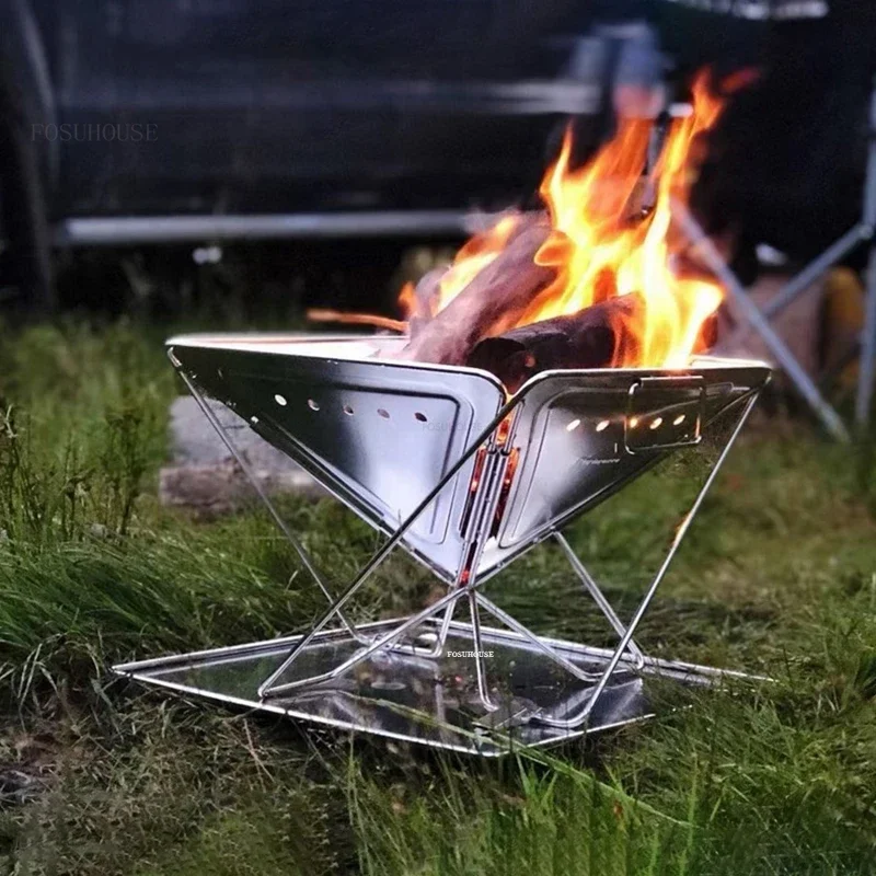 Outdoor Fire Pits Camping Picnic Firewood Charcoal Stove Stainless Steel Folding Barbecue Stove Brazier Table Cooking Table Z