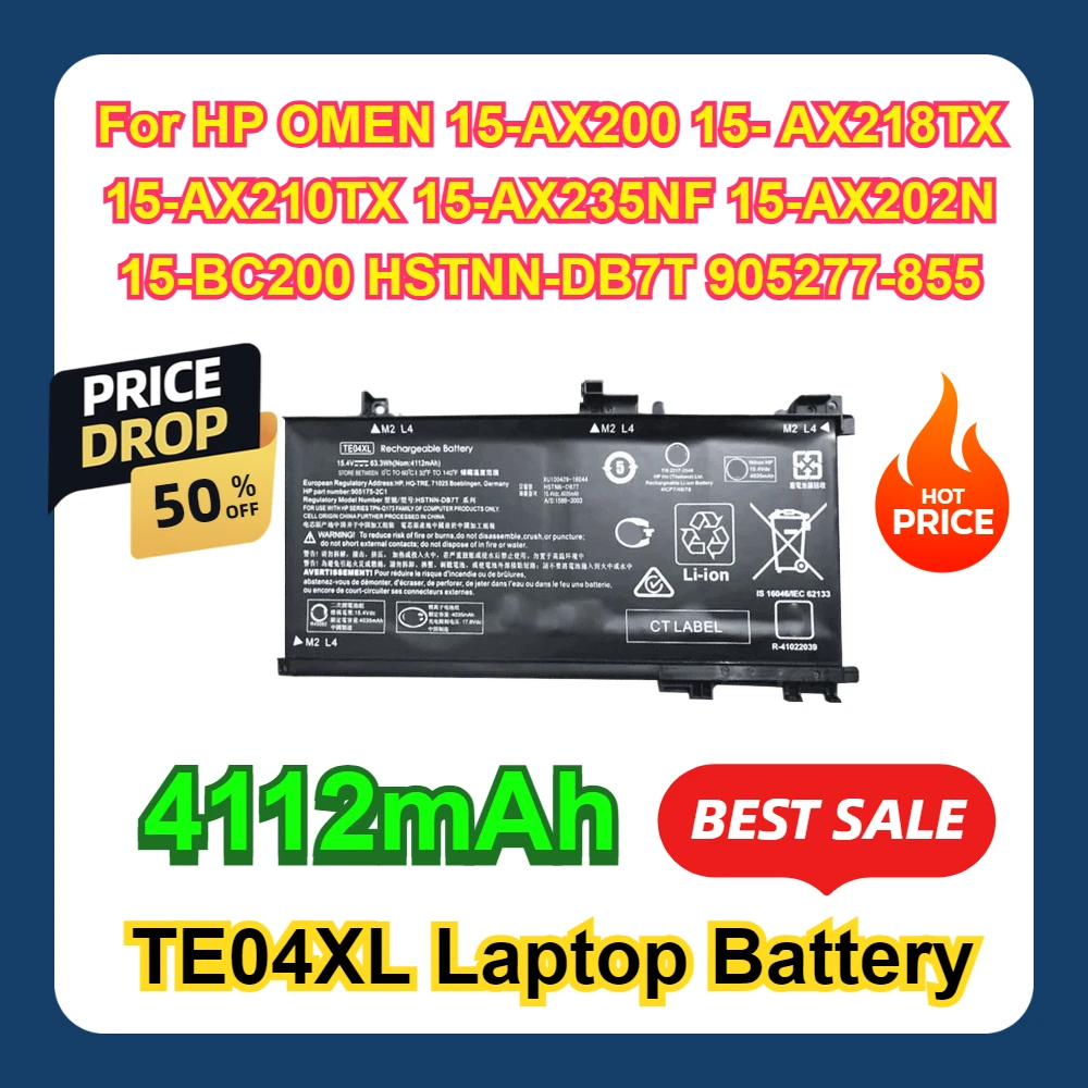 TE04XL Laptop Battery For HP OMEN 15-AX200 15- AX218TX 15-AX210TX 15-AX235NF 15-AX202N 15-BC200 HSTNN-DB7T 905277-855 4112mAh