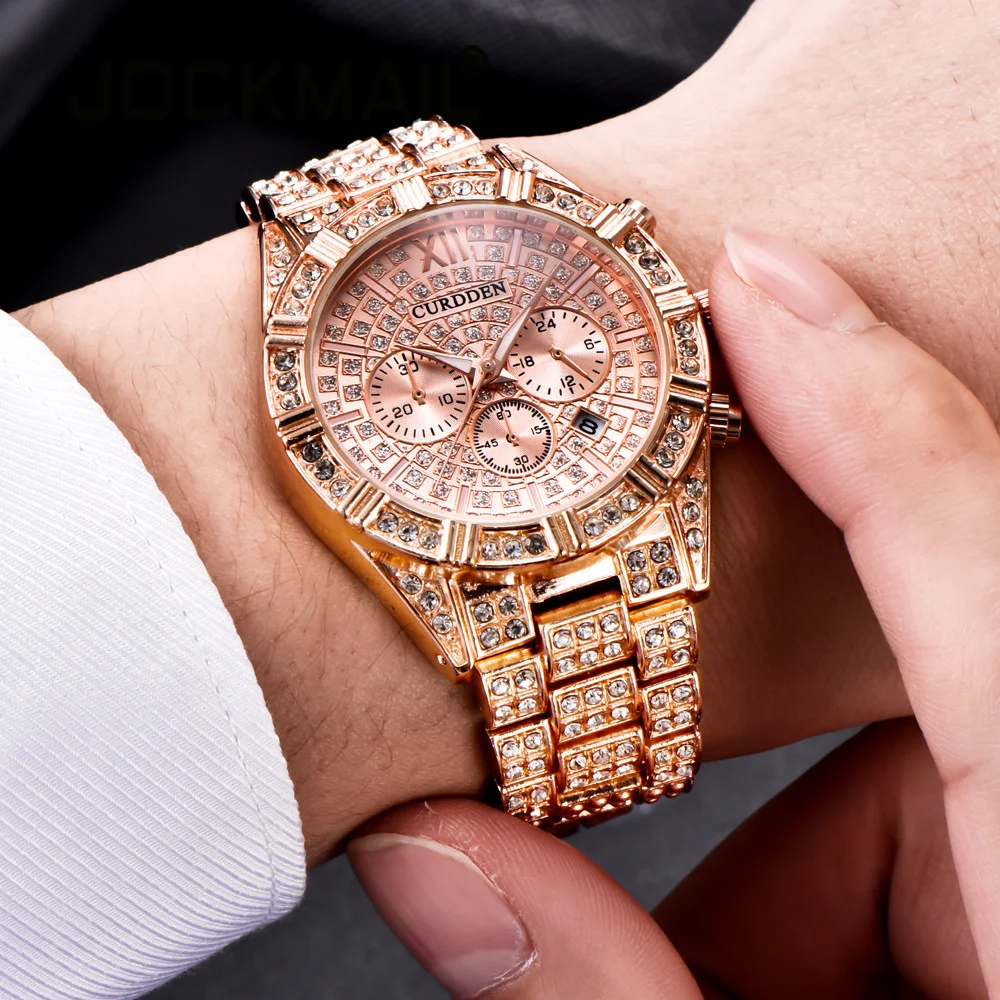 

Women Iced Out Watches Luxury Full Diamond Gold Stainless Steel Quartz Wristwatches Clock Gift Relogio Masculino