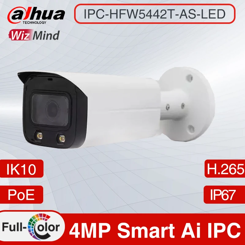 Dahua IPC-HFW5442T-AS-LED 4MP H.265+ WDR Full Color SMART Bullet WizMind Network Camera IR 20m P67 IK10 Built-in Audio & Alarm