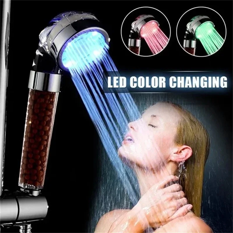 

Temperature Control 3 Color Changing LED Anion SPA Shower Head Bathroom Water Saving Handheld Showerheads Bathroom Accessories