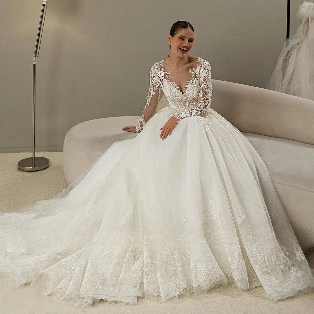 V-Neck Puff Sleeve Tulle Illusion Backless Bridal Gowns Sweep Train Vestidos De Novia