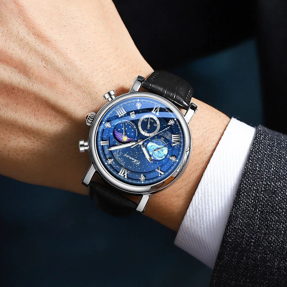 Top Brand Men's Watch Luxury Genuine Leather Chronograph Calendar Business Casual Waterproof Quartz Wristwatch for Men Gift
