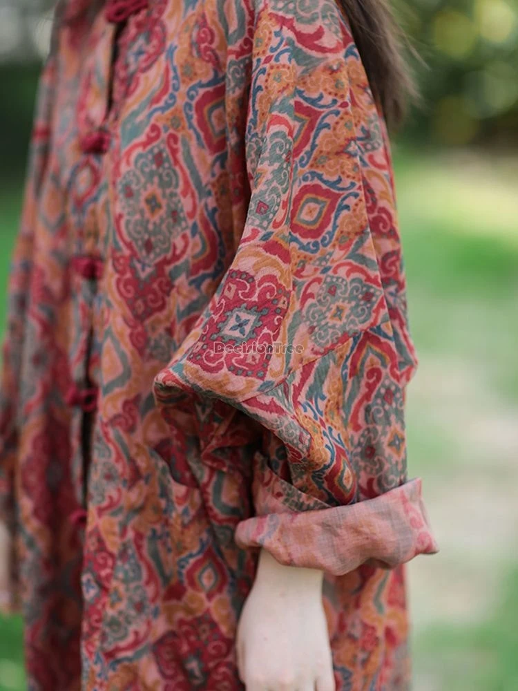 cotton linen women printing tang suit chinese style loose national stand collar long sleeve cheongsam button retro top coat