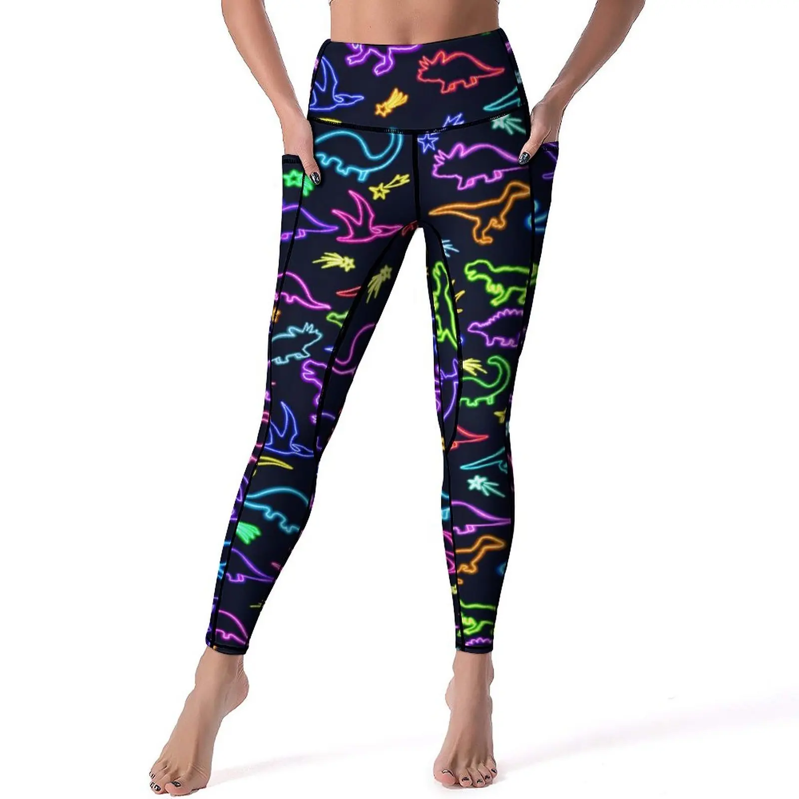 

Neon Dinosaur Leggings With Pockets Cartoon Animal Print Design Yoga Pants Push Up Workout Gym Yoga Legging Retro Sports Tights