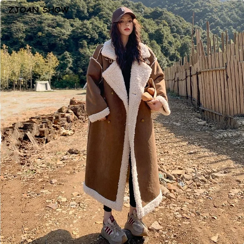 

Зимнее винтажное замшевое двухстороннее меховое пальто из ягненка, коричневое женское длинное меховое пальто с воротником-стойкой и длинным рукавом ниже колена, теплая длинная куртка, верхняя одежда