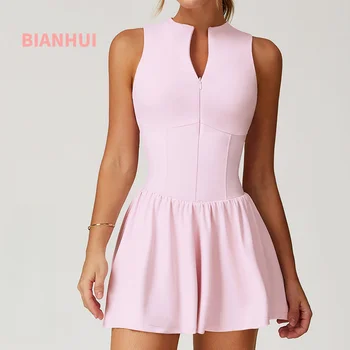 BIANHUI Women's Summer Sundress Fake Two-Piece Stand Collar Dress Running Anti-Exposure Base Layer A Flared Tennis Skirt