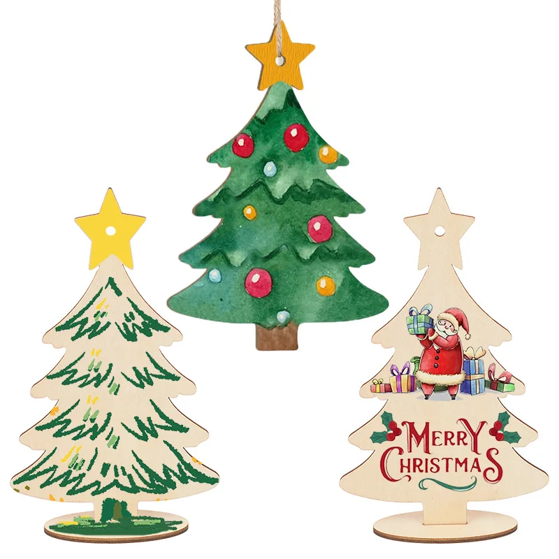 5-20pcs Unfinished Christmas Tree Ornaments with Wooden Base Ropes Kids Painting Crafts DIY Blank Xmas Tree Sign Home Decoration