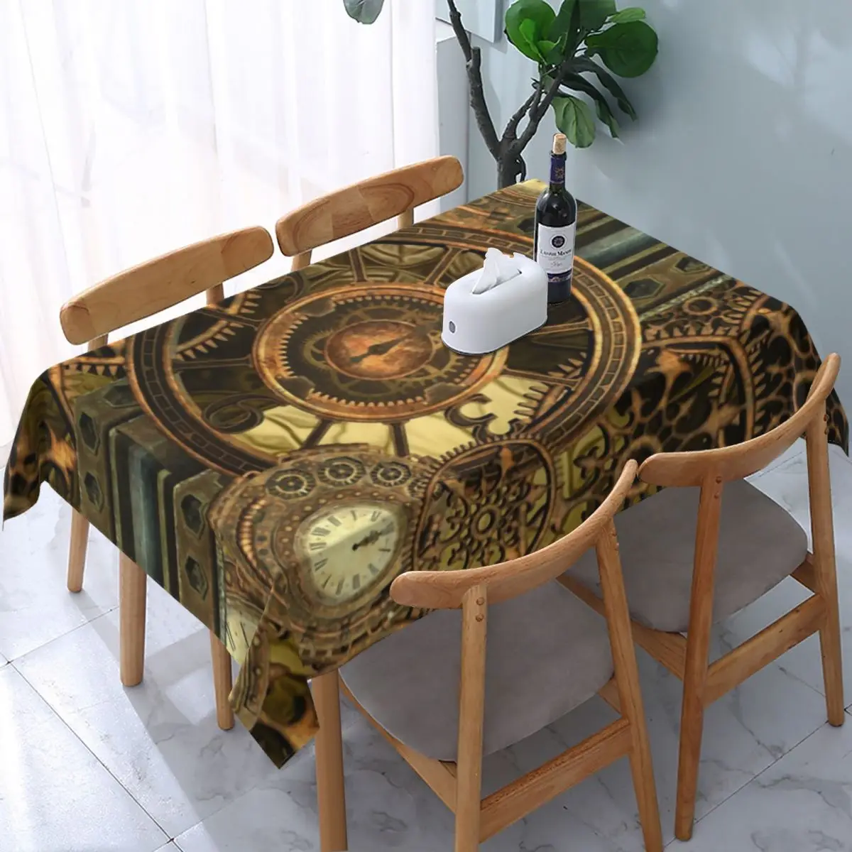 

Steampunk Clocks Pattern Tablecloth Rectangular Fitted Waterproof Metal Mechanical Gears Table Cloth Cover for Dining Room