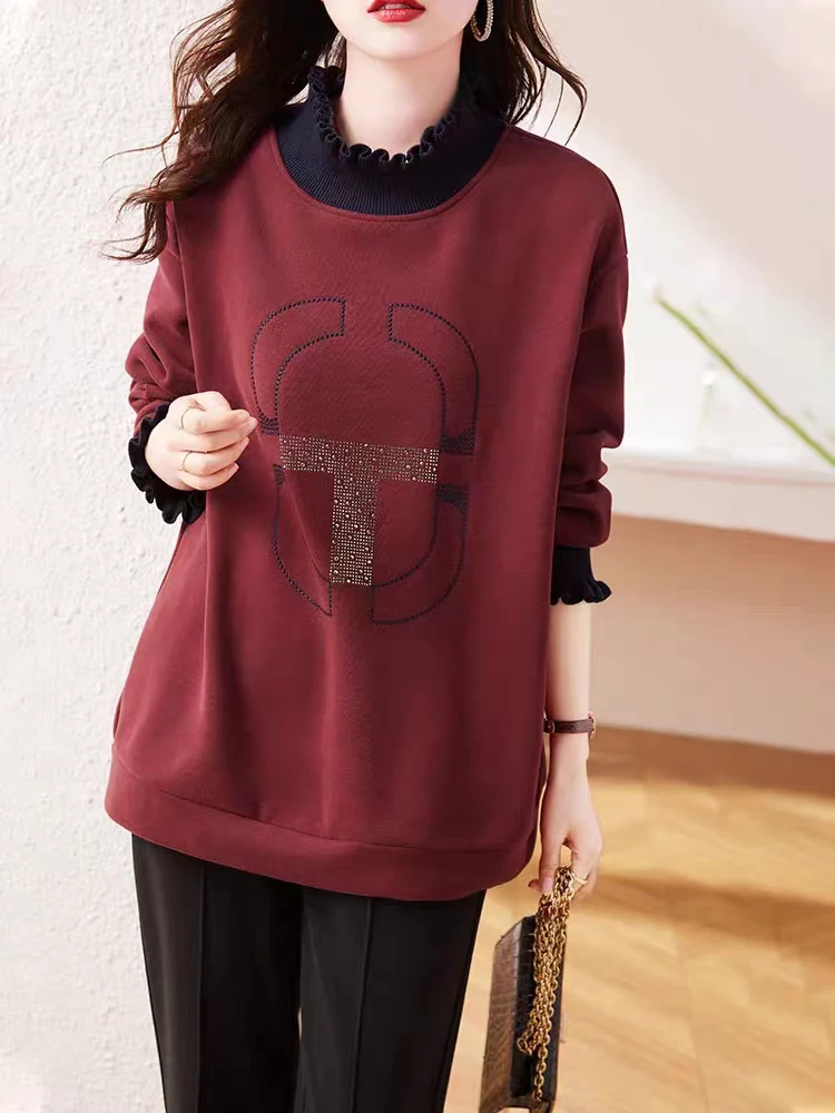 

BOBOKATEER Winter Clothes Women 2023 Plush T Shirt Contrast Trim Mock Neck Tshirt Loose Casual Tee Shirt Poleras Mujer Camisetas