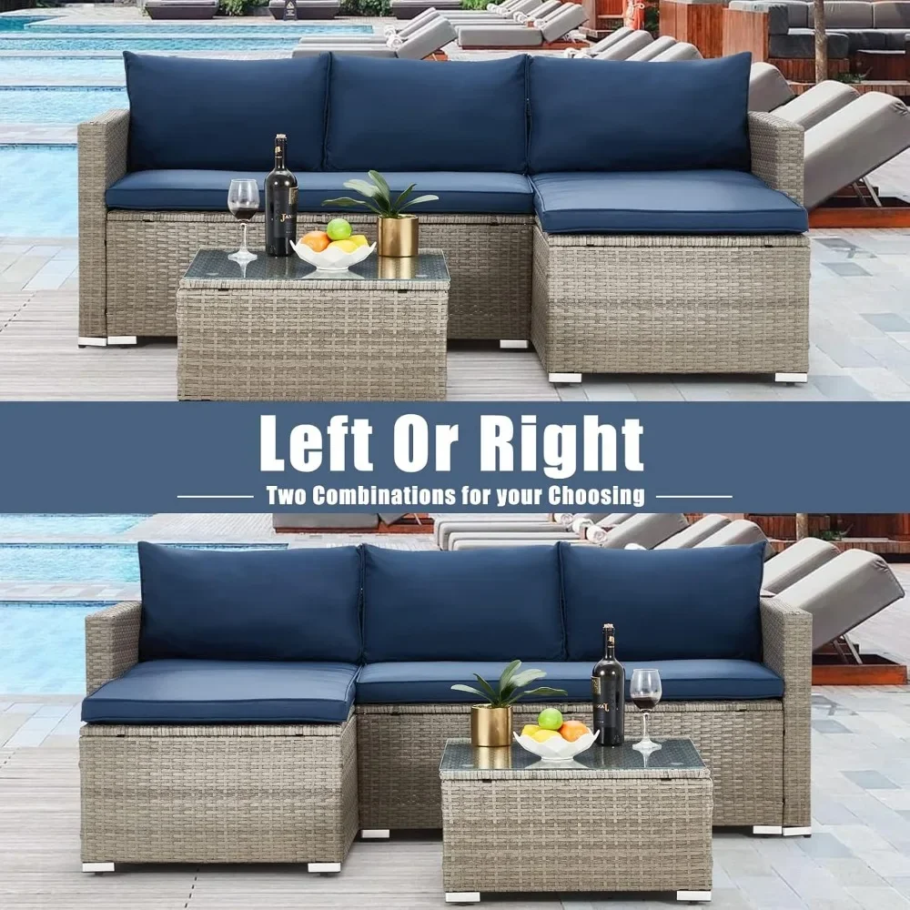Outdoor Patio Furniture Sets, All-Weather Sectional Sofa with Tempered Glass Table, 3 Pieces Patio Wicker Couch for Garden 5