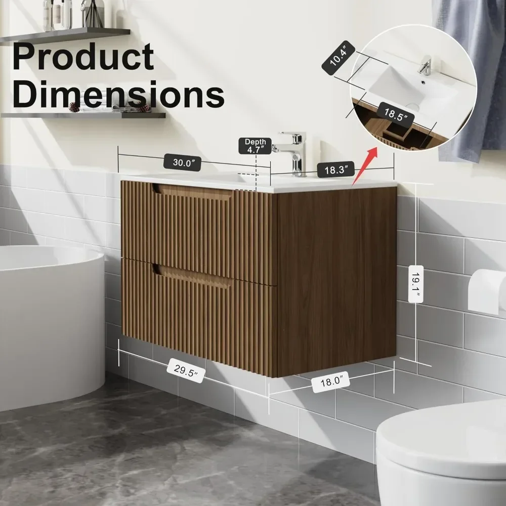 30” Wall Mounted Bathroom Vanity with Sink Floating Bathroom Cabinet Sink Combo, Soft-Close System, 2 Extra Big Drawers, Walnut 3