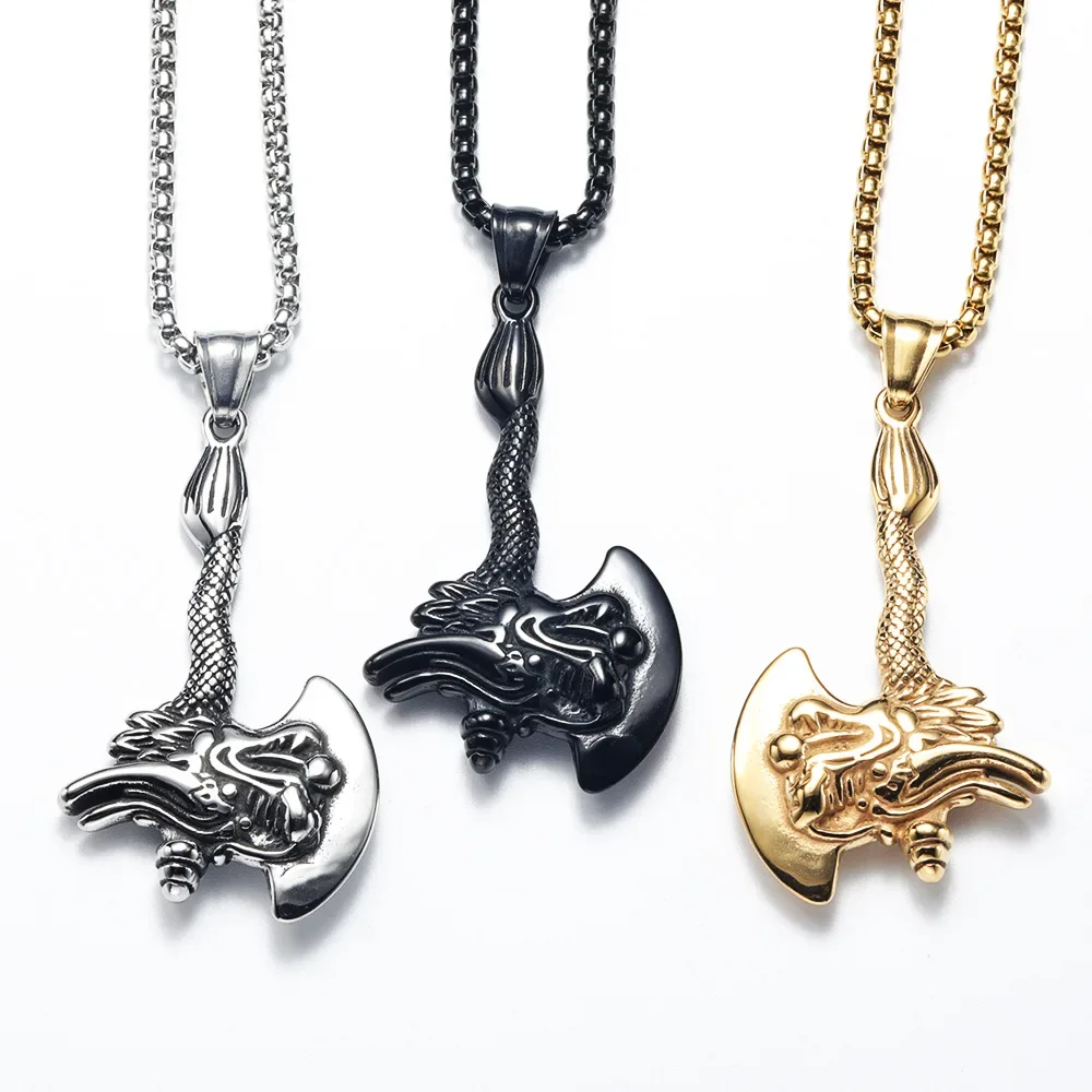 

CHUANGCHENG Punk Style Hip-hop Rock China-Chic National Style, Dragon Head Axe, Stainless Steel Pendant Men's Necklace Chains