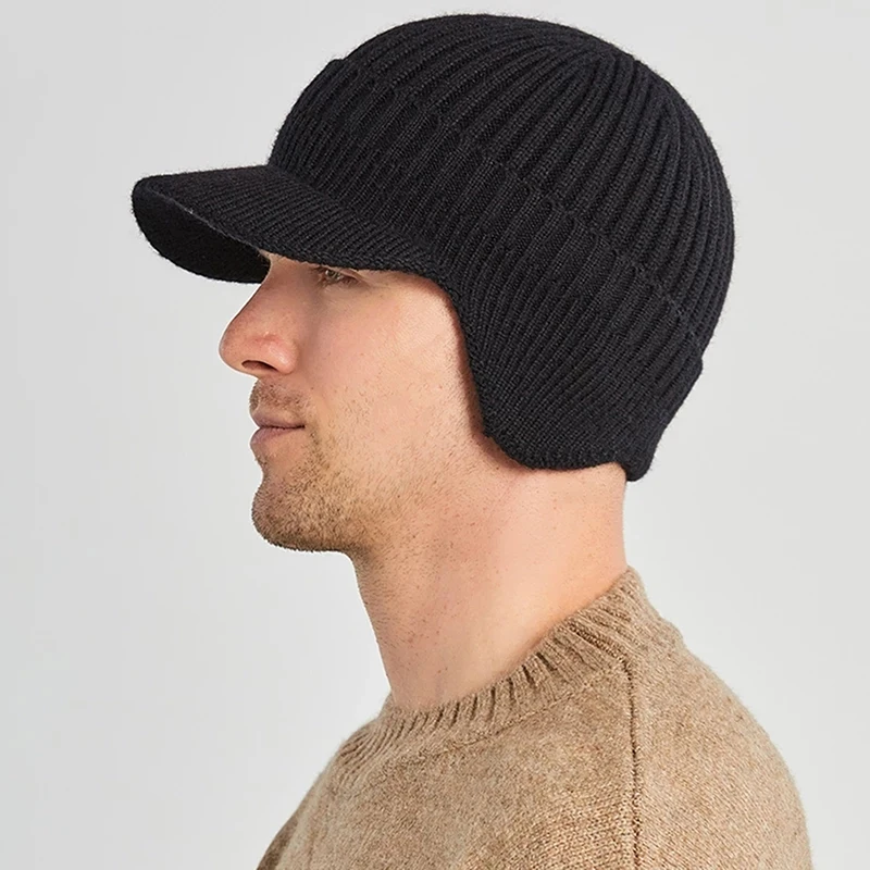 

Men Winter Knitted Ear Protection Cap Think Wool Beanies Bonnet Snapback Cap Short Brim Hat Outdoor Cycling Plush Keep Warm Hats